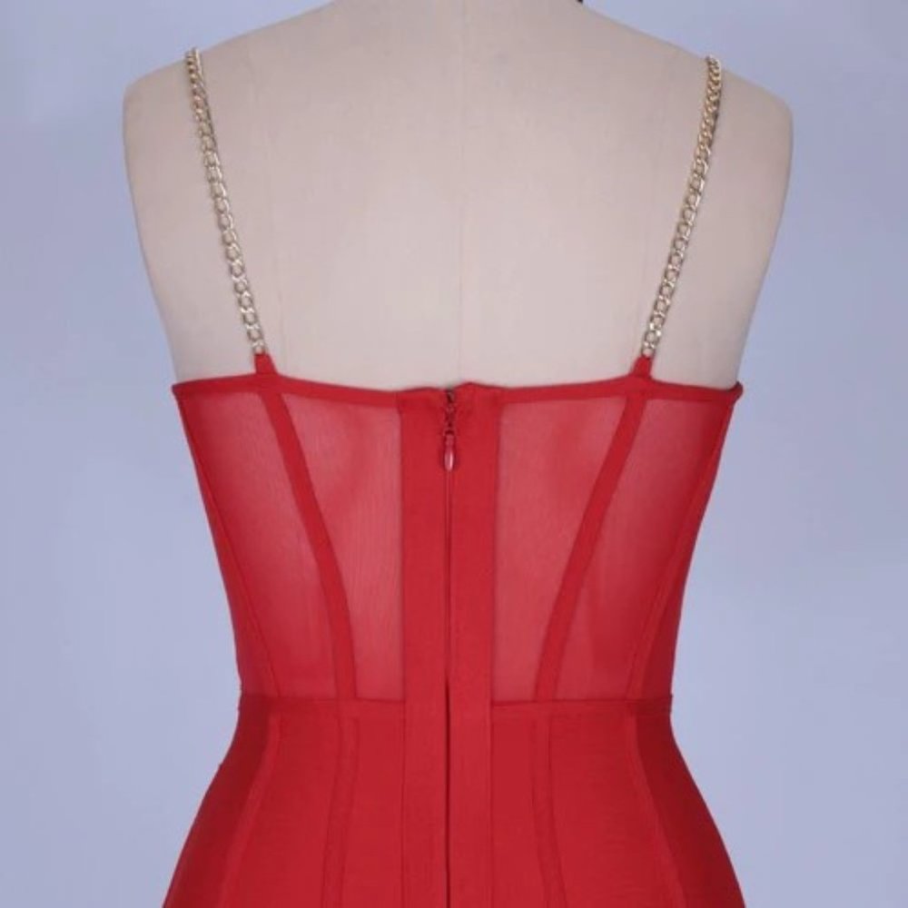 Red Top Chain Link Bandage Body Con Short Dress - Picture 9 of 14